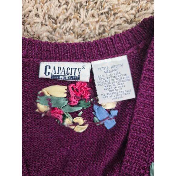 Vintage Knit Sweater Vest Purple Floral Embroidered Cottagecore Grandmacore - Picture 6 of 8